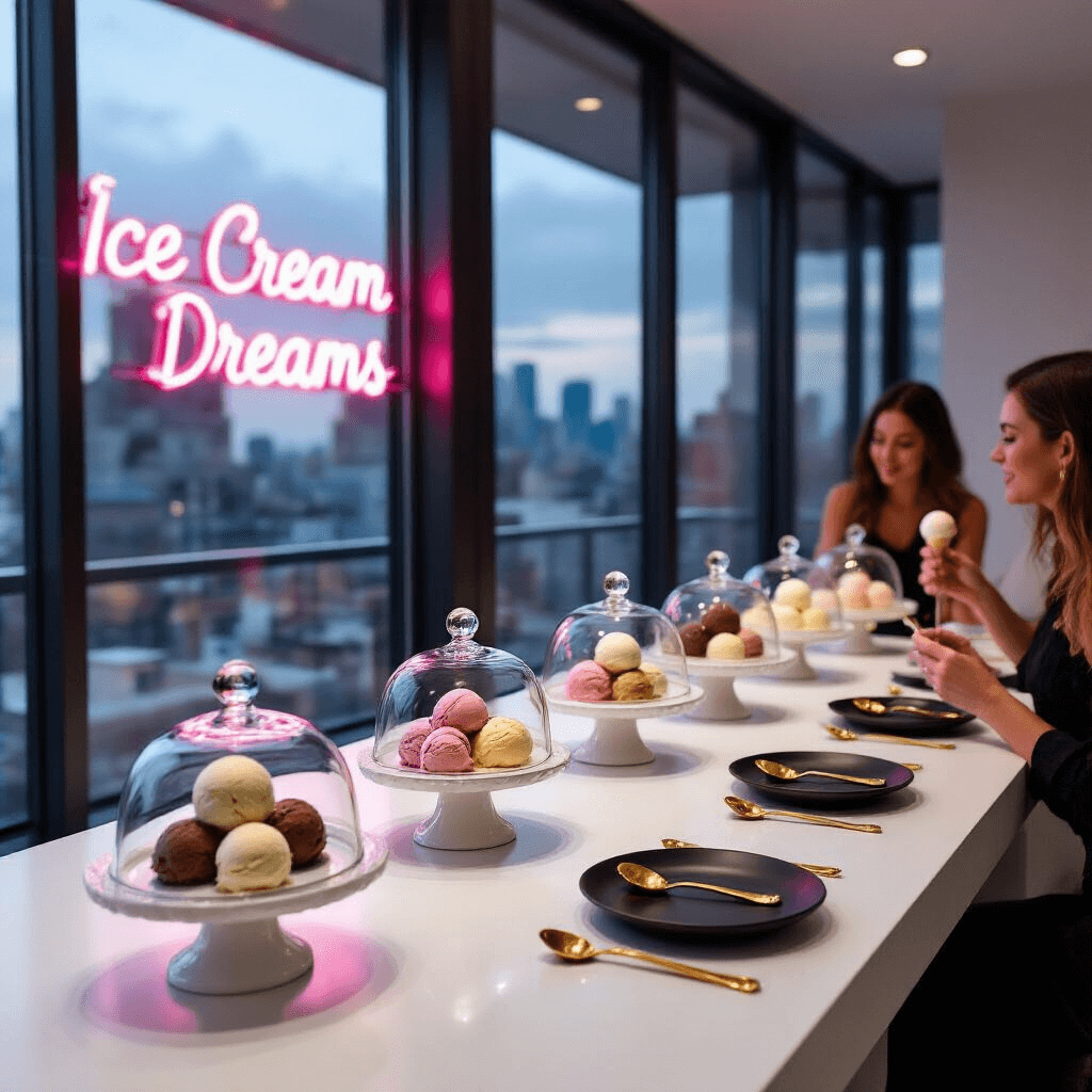 Ice Cream Birthday Party: The Ultimate Guide to Sweet Celebration Magic A modern minimalist apartment set up for an ice cream tasting party, featuring a sleek white countertop with elegant glass cloches of artisanal ice cream flavors, matte black plates, gold spoons, and a neon 'Ice Cream Dreams' sign, while stylishly dressed guests delight in sampling the flavors against a backdrop of city views through floor-to-ceiling windows.