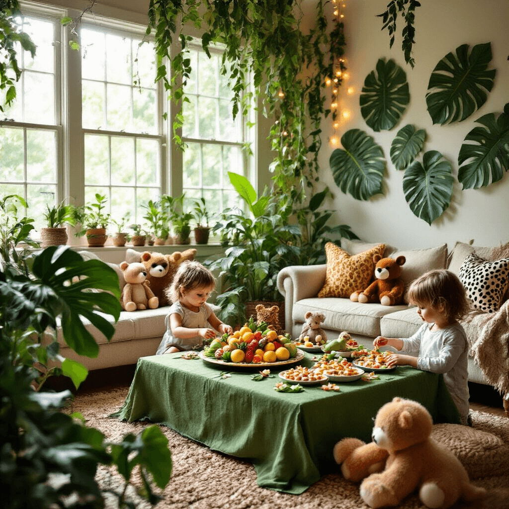 Unleash the Wild: How to Create the Ultimate Jungle Birthday Party That Kids Will Love A cozy living room transformed into a vibrant indoor jungle party, featuring oversized tropical leaf cutouts, animal print accents, and a 'watering hole' coffee table with a fruit platter surrounded by stuffed toys. Soft afternoon light streams through large windows, while vines and fairy lights create a magical canopy above. In the foreground, a child's hands are decorating leaf-shaped cupcakes at a low table covered in green fabric, captured from a low angle to emphasize the child's perspective.