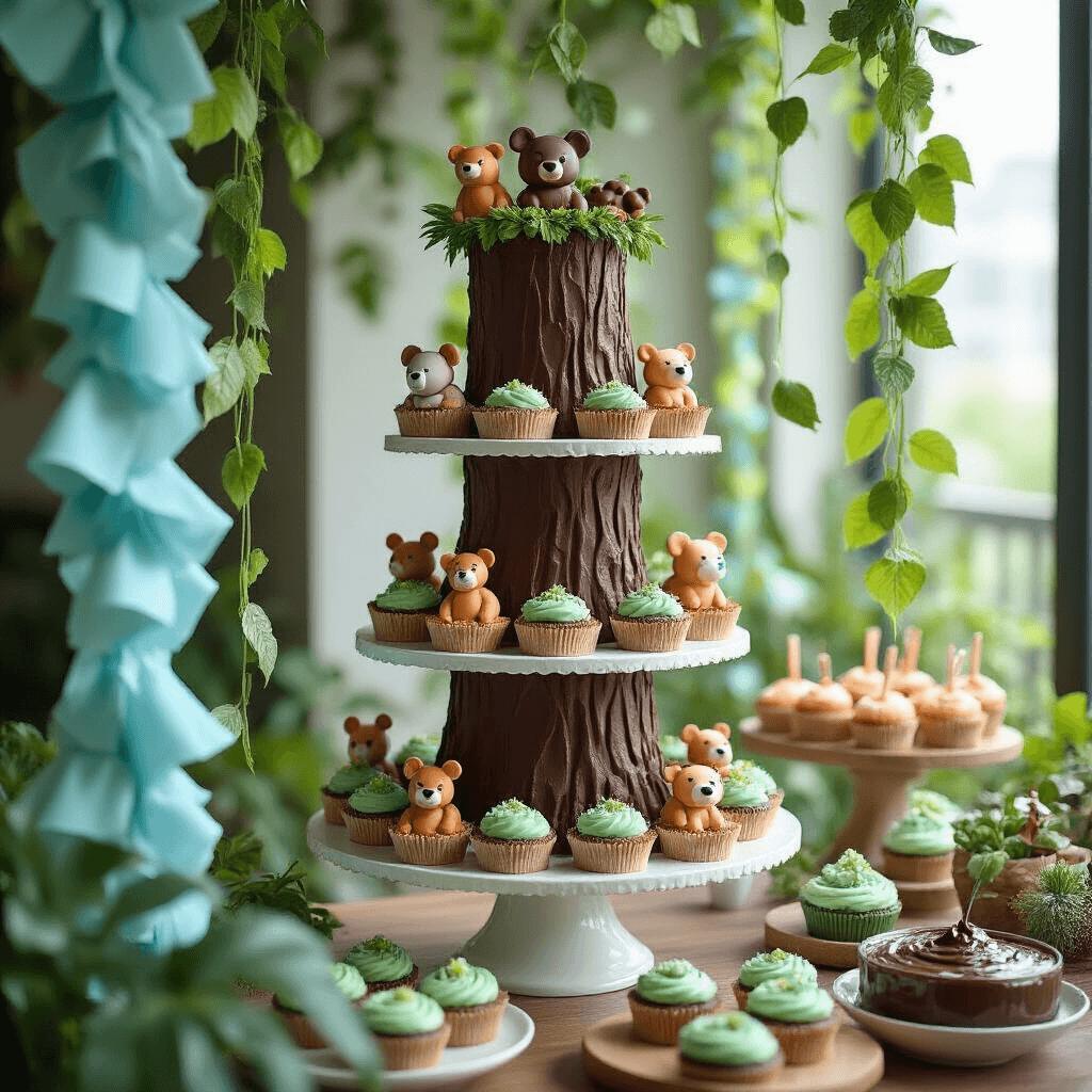 Unleash the Wild: How to Create the Ultimate Jungle Birthday Party That Kids Will Love A whimsical dessert display featuring a towering chocolate tree trunk cake on a tiered stand, surrounded by animal-shaped cookies and leafy green cupcakes, with green balloon vines cascading from the ceiling and a blue tissue paper waterfall leading to a chocolate pudding station, shot in natural light.