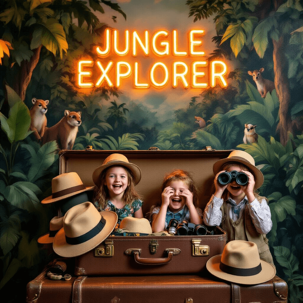 Unleash the Wild: How to Create the Ultimate Jungle Birthday Party That Kids Will Love A vibrant photo booth corner featuring a lush jungle mural, overflowing vintage suitcase with safari hats and binoculars, and a neon 'Jungle Explorer' sign, capturing laughing children trying on outfits and one peering through cardboard binoculars in a warm, inviting atmosphere.