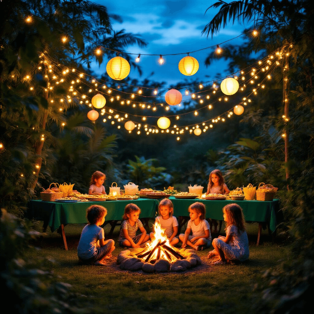Unleash the Wild: How to Create the Ultimate Jungle Birthday Party That Kids Will Love A magical nighttime jungle party with children gathered around an LED 'campfire' for storytelling, surrounded by warm fairy lights and paper lanterns above, featuring tables with emerald green linens filled with festive treats against a deep blue twilight sky.