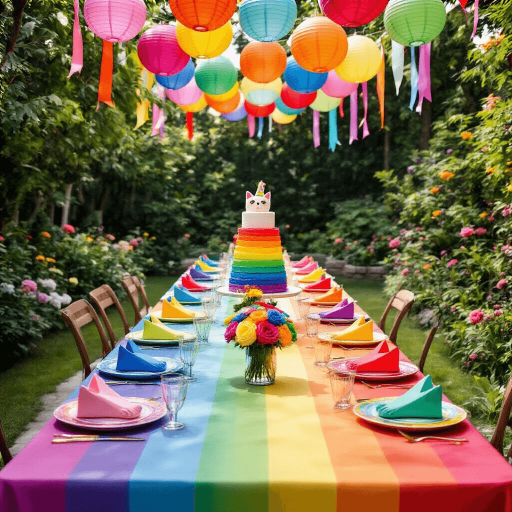 Throw the Purr-fect Kitty Birthday Party: A Comprehensive Guide A vibrant outdoor cat birthday party in a lush garden, featuring a rainbow-themed banquet table, colorful plates with cat ear napkins, floral centerpieces of rainbow roses and catnip, and a festive canopy of paper lanterns, all under bright midday sun.