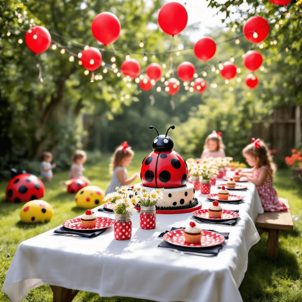 Ladybug Birthday Party: A Whimsical Celebration of Cuteness and Color A whimsical ladybug-themed birthday party in a sun-drenched backyard, featuring a picnic table with red polka dot plates and black napkins, mason jars with daisies, a tiered ladybug cake, and children playing with oversized foam ladybugs and flower cutouts, all under strings of fairy lights and red balloons in warm golden hour light.