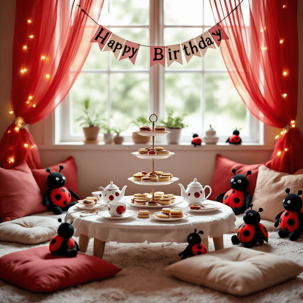 Ladybug Birthday Party: A Whimsical Celebration of Cuteness and Color An intimate indoor birthday tea party for a child, featuring a low table with a ladybug-themed tea set, leaf-shaped finger sandwiches, and ladybug-decorated cookies, surrounded by plush cushions and soft string lights, with a handmade 'Happy Birthday' banner and stuffed ladybug toys, all bathed in warm natural light.