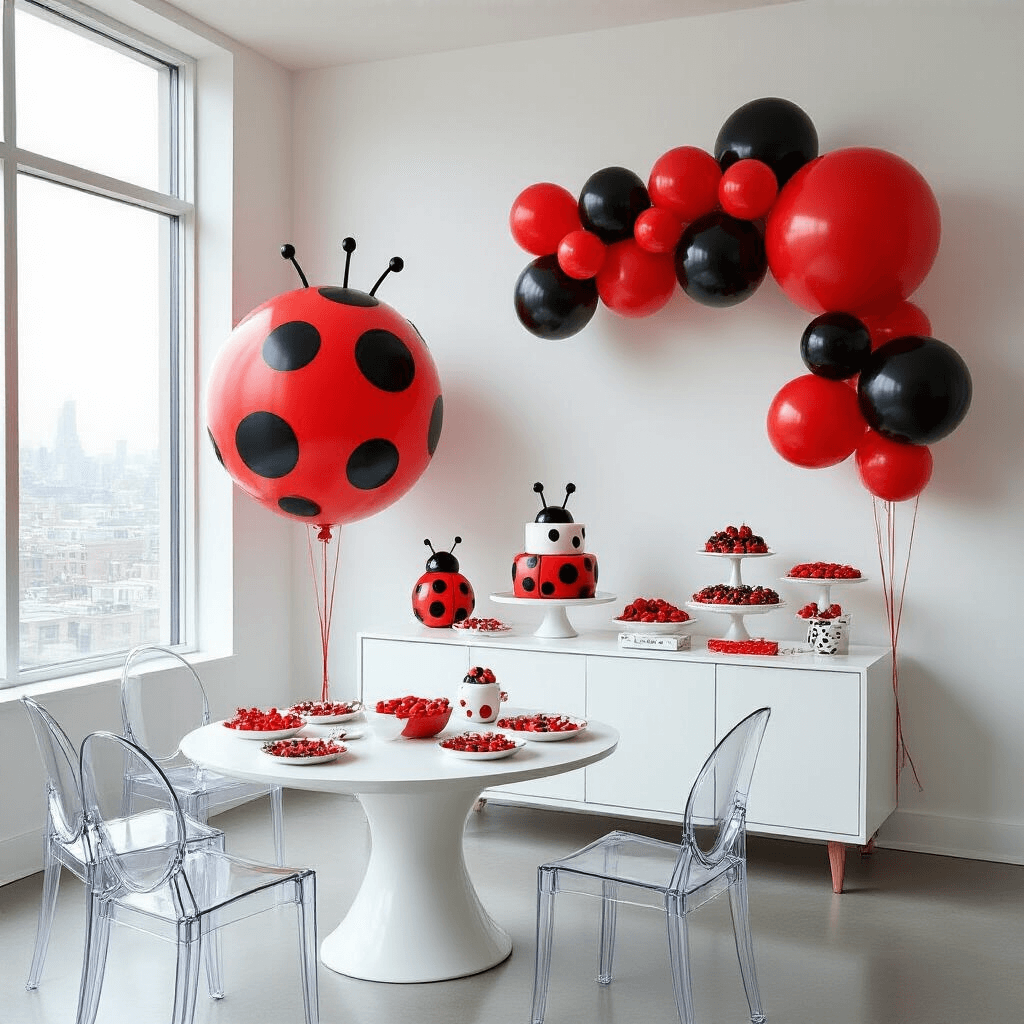 Ladybug Birthday Party: A Whimsical Celebration of Cuteness and Color A chic birthday celebration in a minimalist apartment featuring red and black balloon installations, a stylish buffet table with geometric serving dishes, an abstract ladybug spot cake, and children creating art surrounded by natural light.