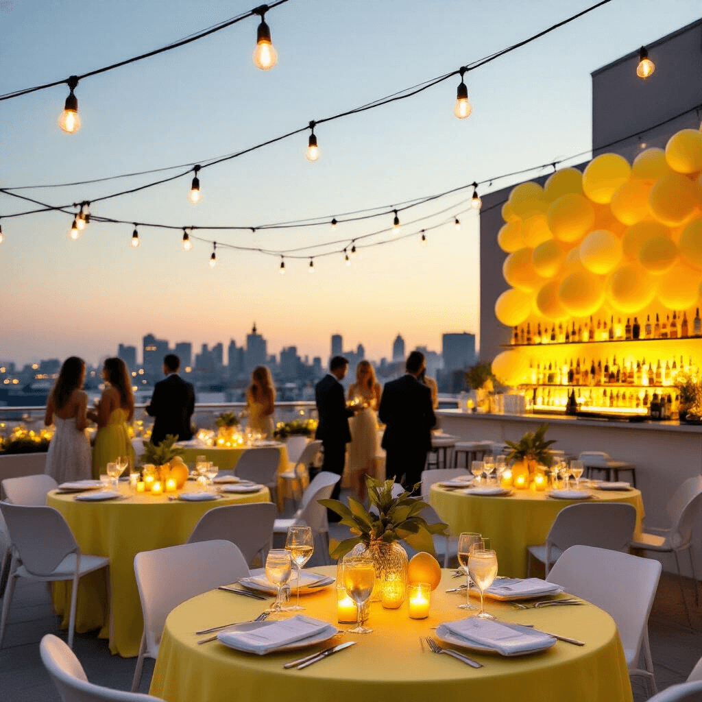 Squeeze the Day: The Ultimate Lemon Birthday Party Guide An elegant rooftop terrace adorned with lemon-themed decor for a summer soirée at twilight, featuring string lights, sleek white high-top tables with pale yellow linens, minimalist lemon centerpieces, a contemporary bar with citrus cocktails, and a backdrop of yellow and white balloons, as guests mingle against the city skyline.