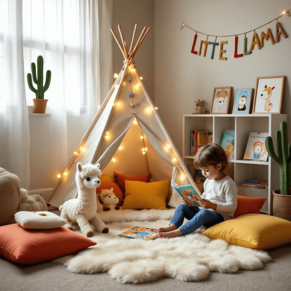 Llamazing Birthday Bash: The Ultimate Guide to Throwing a Llama-Themed Party That'll Make Everyone Go Wild! A cozy reading nook transformed into a 'Llama Land' fort features a teepee with fairy lights and plush llamas, surrounded by colorful floor pillows. A child is engrossed in an activity book on a fluffy rug, with llama storybooks and artwork nearby, all bathed in soft morning light.