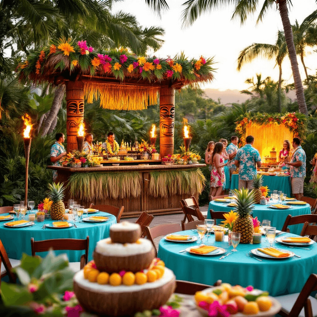 Throw the Ultimate Luau Birthday Party: Your Complete Guide to Tropical Celebration Magic A vibrant backyard luau scene at golden hour featuring a large tiki bar with fresh flowers, turquoise-draped tables with pineapple centerpieces, tiki torches casting a warm glow, guests in Hawaiian shirts, and a dessert table with a tiered coconut cake.