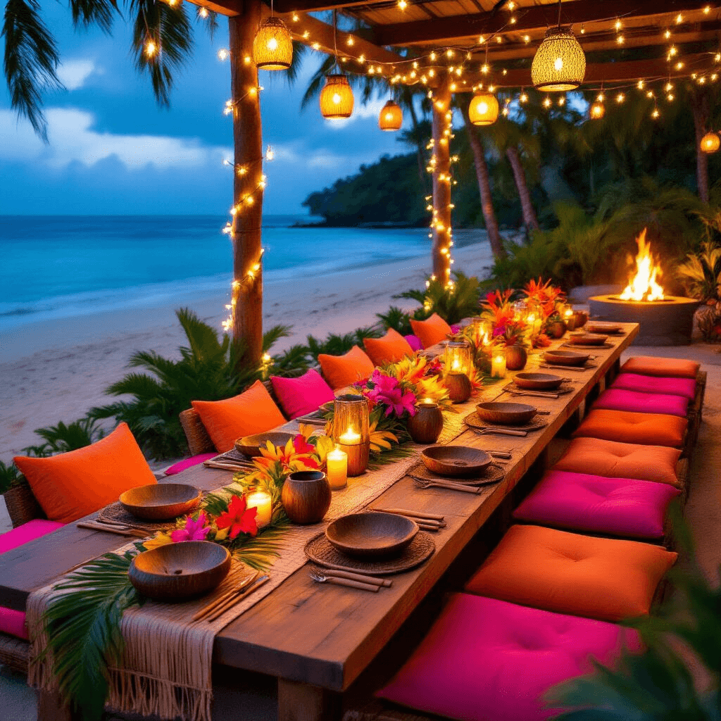 Throw the Ultimate Luau Birthday Party: Your Complete Guide to Tropical Celebration Magic An intimate luau dinner setting on a beachfront patio, illuminated by fairy lights and lanterns. A long table adorned with vibrant cushions, tropical flower decor, and tiki mugs, with a fire pit nearby casting a warm glow on the sand.
