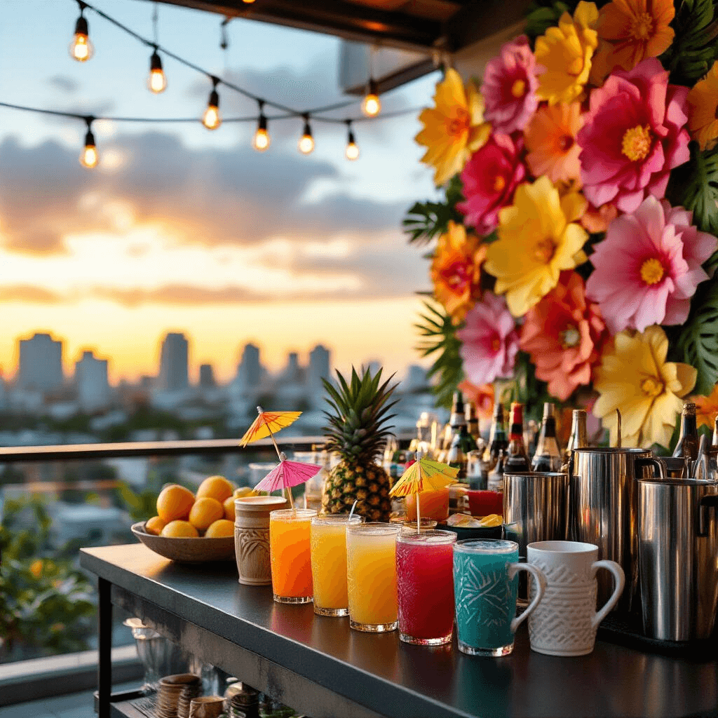 Throw the Ultimate Luau Birthday Party: Your Complete Guide to Tropical Celebration Magic A stylish luau cocktail setup on a modern rooftop terrace at sunset, featuring a sleek bar cart with tropical fruits, colorful syrups, tiki mugs, and decorative umbrellas, surrounded by oversized paper flowers in ombre shades and city skyline views.