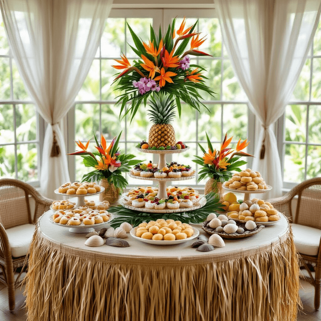 Throw the Ultimate Luau Birthday Party: Your Complete Guide to Tropical Celebration Magic A whimsical luau-themed dessert display in a sunroom features a round table draped in a grass skirt, showcasing a pineapple-shaped cake, coconut macaroons, fruit tarts, and chocolate seashells, accented by colorful floral arrangements and personalized wooden name tags, with sheer curtains and rattan furniture enhancing the island vibe.