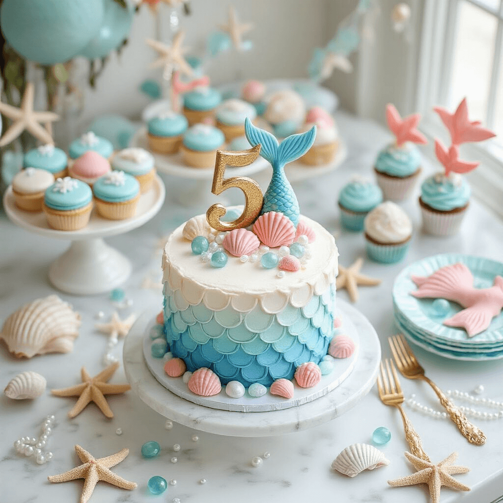 Magical Mermaid Birthday Party: The Ultimate Guide to an Underwater Celebration An overhead view of a mermaid-themed dessert table on a white marble countertop, featuring seashell-shaped macarons, blue ombré cupcakes with coral toppers, and mermaid tail cake pops. A two-tier birthday cake with fondant scales and a golden '5' topper is centrally placed, surrounded by scattered seaglass, real starfish, and faux pearls. Pastel paper plates and gold cutlery complement the arrangement, illuminated by natural light.
