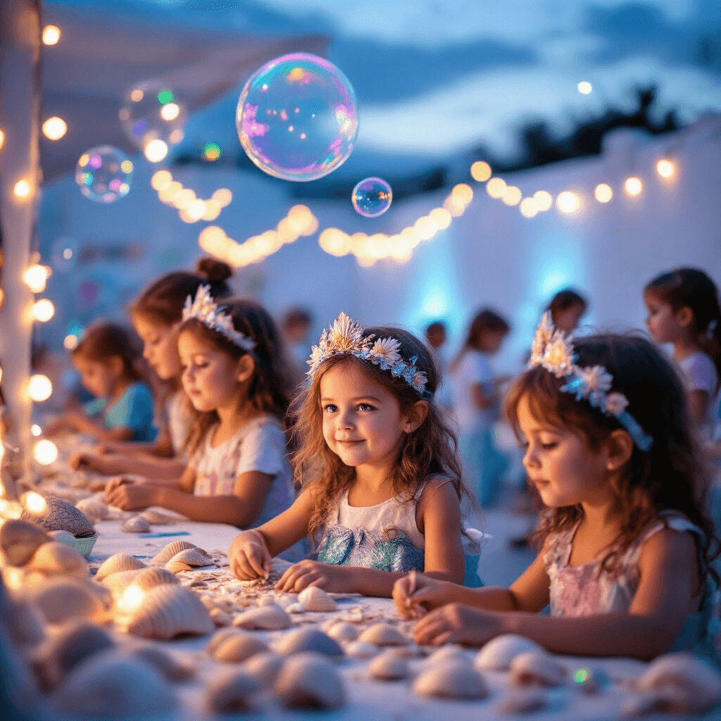 Magical Mermaid Birthday Party: The Ultimate Guide to an Underwater Celebration Children create mermaid crowns at a craft station illuminated by soft fairy lights, with a bubble machine in the background and a face-painting area nearby, all set in a magical dusk atmosphere.