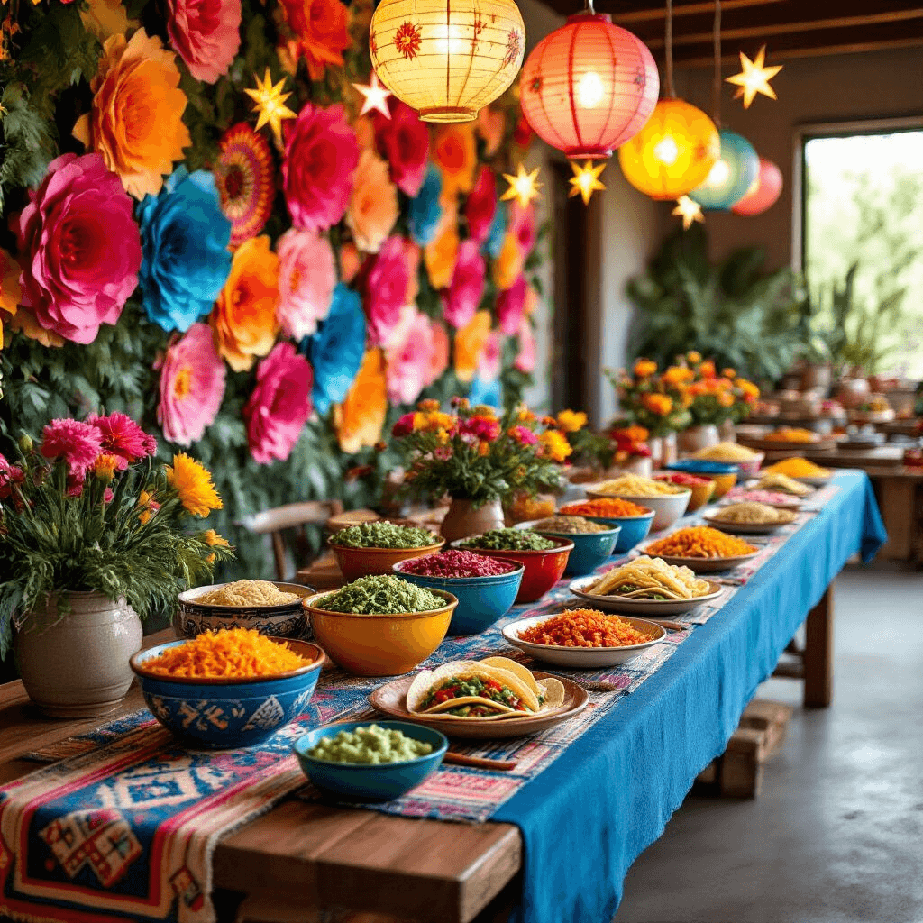 How to Throw an Epic Mexican Fiesta Birthday Party: A Vibrant Celebration Guide A vibrant indoor taco bar setup featuring a long farmhouse table with a blue tablecloth and woven serape runner, adorned with handmade paper flowers in pink, orange, and yellow, colorful ceramic bowls of taco toppings, traditional Mexican tiles, and overhead paper lanterns providing a warm glow.