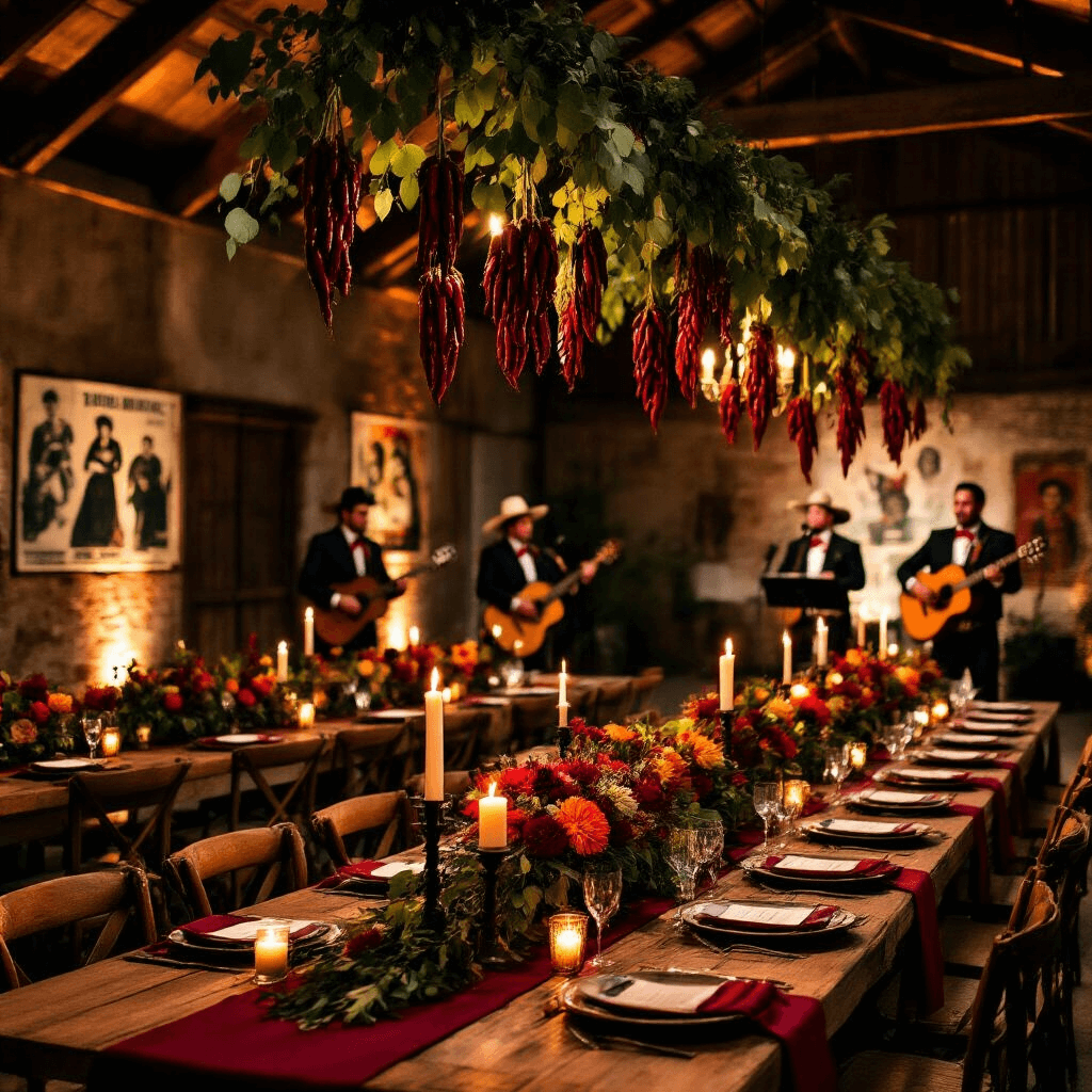 How to Throw an Epic Mexican Fiesta Birthday Party: A Vibrant Celebration Guide An elegant evening Mexican-inspired celebration in a rustic barn with long wooden tables, red table runners, pillar candles, lush eucalyptus and flower garlands, dried chilis and corn husks hanging installations, a mariachi band on a stage with vintage movie posters, and warm moody lighting creating a cozy atmosphere.