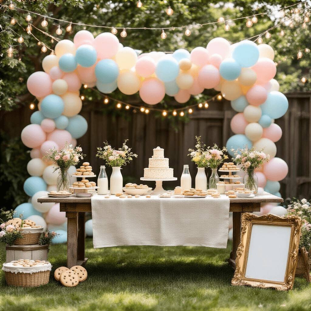 Milk and Cookies Birthday Party: The Ultimate Guide to a Sweet Celebration A whimsical backyard scene featuring a rustic table with a cream linen cloth, vintage milk bottles with wildflowers, tiered cookie stands, pastel balloons overhead, and a DIY photo booth with a gold frame and cookie/milk props.
