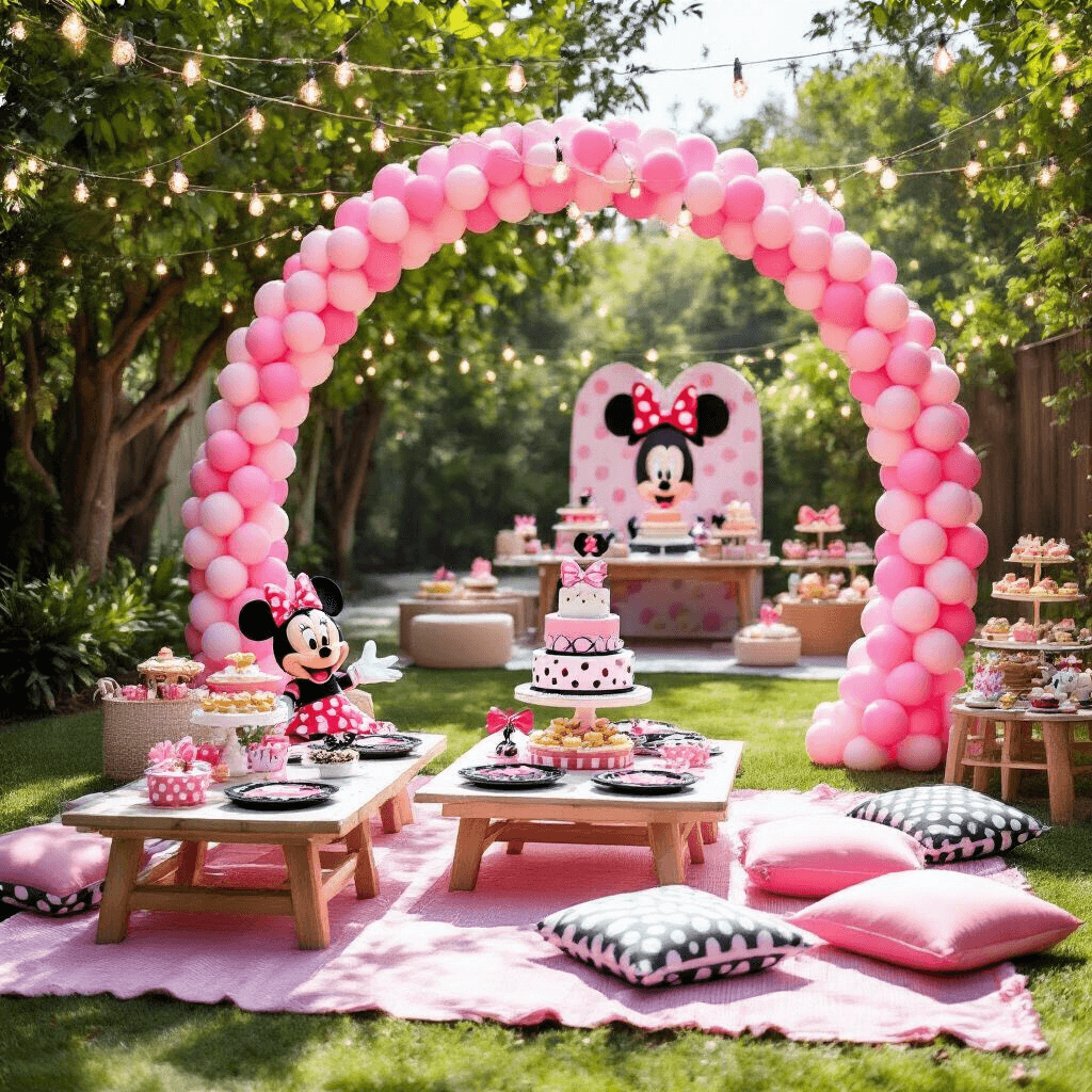 Magical Minnie Mouse Birthday Party: Your Ultimate Guide to Throwing an Unforgettable Celebration A vibrant Minnie Mouse themed birthday party in a sunlit backyard, featuring a polka dot balloon arch, picnic area with low tables and cushions, pink linens, themed desserts, and a DIY photo booth with Minnie ears backdrop, all under glowing fairy lights.