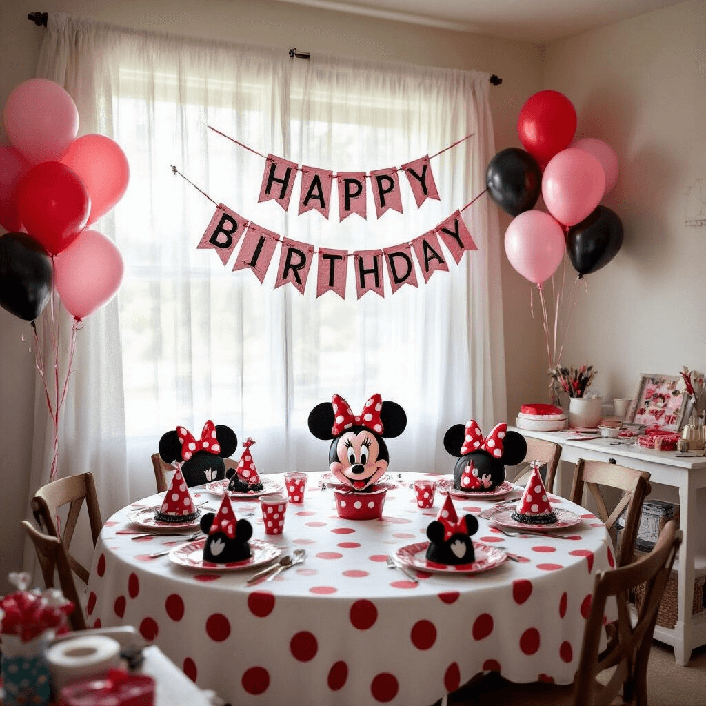 Magical Minnie Mouse Birthday Party: Your Ultimate Guide to Throwing an Unforgettable Celebration Cozy living room decorated for a Minnie Mouse birthday celebration, featuring a round table with a polka dot tablecloth, Minnie-shaped place settings, a 'Happy Birthday' banner, balloons, and a craft station for bow-making, all softly lit by morning light.