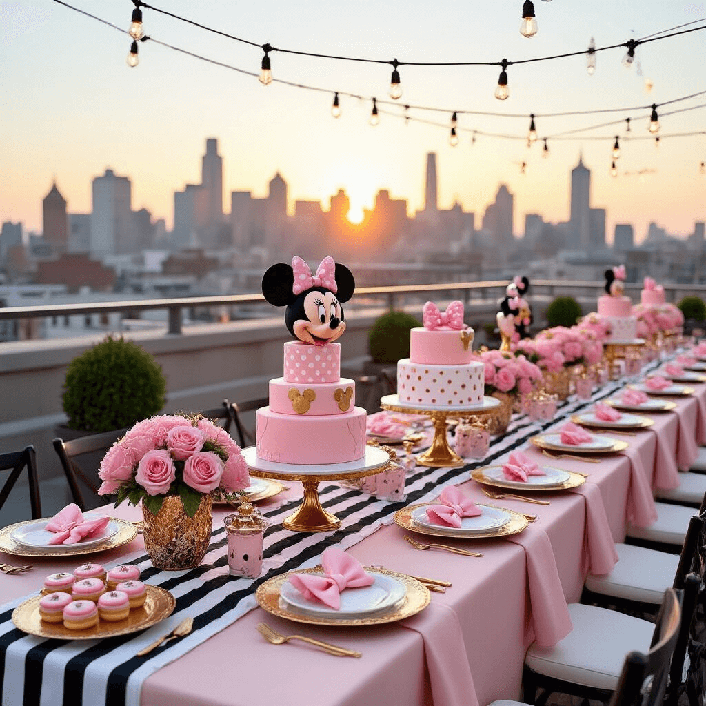 Magical Minnie Mouse Birthday Party: Your Ultimate Guide to Throwing an Unforgettable Celebration A sophisticated Minnie Mouse inspired sweet sixteen rooftop terrace at golden hour, featuring blush pink and black striped table settings, gold chargers, and polka dot plates, with pink rose centerpieces and Mickey-shaped topiaries, along with a geometric pink and gold cake, all set against a stunning city skyline.
