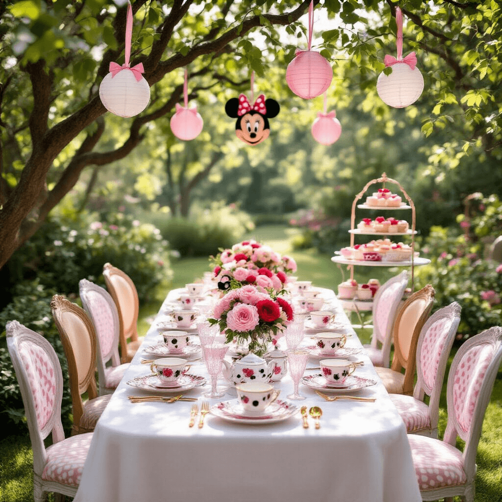 Magical Minnie Mouse Birthday Party: Your Ultimate Guide to Throwing an Unforgettable Celebration An enchanting garden party with subtle Minnie Mouse elements, featuring a long table adorned with floral china and gold cutlery, surrounded by vintage chairs, dappled sunlight, centerpieces of peonies and roses with polka dot accents, oversized Minnie bows hanging from trees, and a dessert cart with pink and white treats, including a mouse ear-topped naked cake.