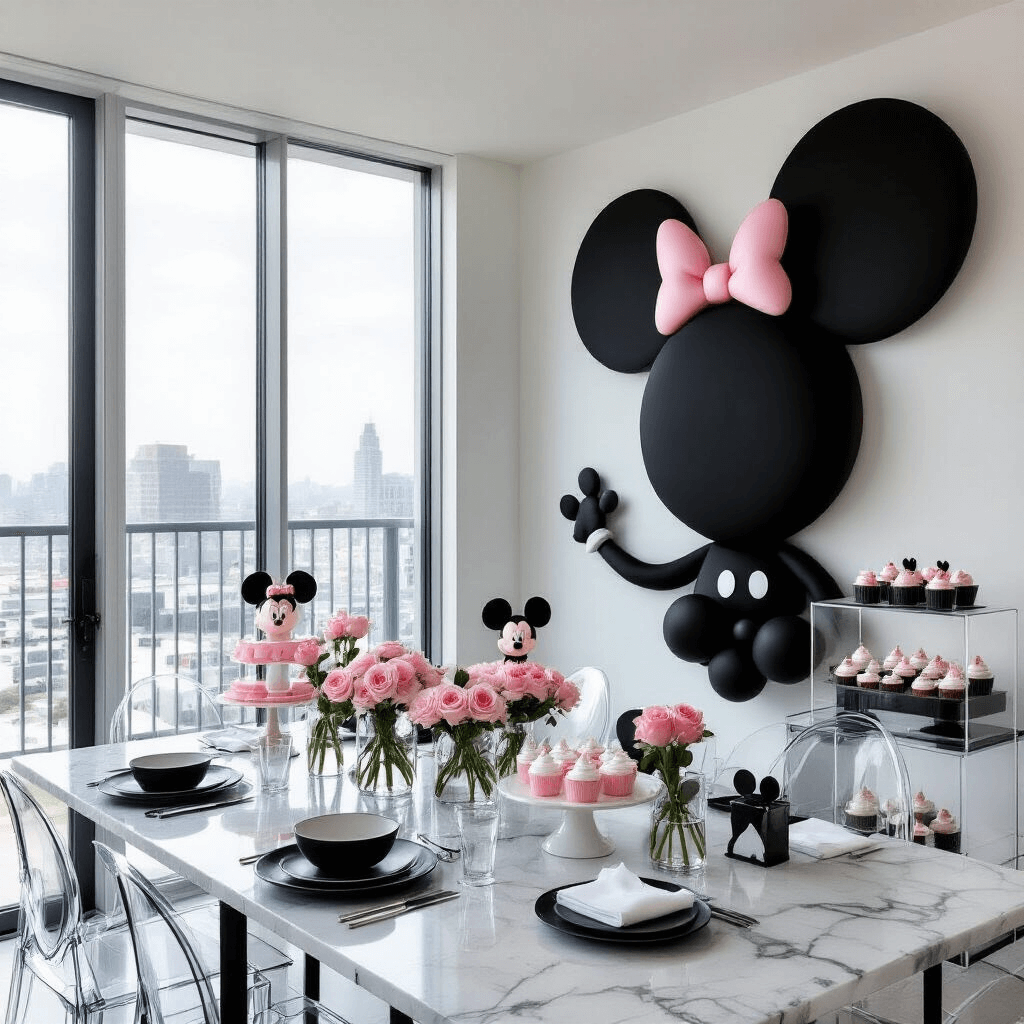 Magical Minnie Mouse Birthday Party: Your Ultimate Guide to Throwing an Unforgettable Celebration A modern, minimalist Minnie Mouse celebration in a sleek apartment with floor-to-ceiling windows, featuring a monochromatic color scheme of black, white, and pink, a giant Minnie silhouette balloon wall, a marble dining table with black plates and pink roses, Lucite ghost chairs, and a dessert station with themed geometric cakes and cupcakes. Subtle Mickey-shaped decor elements are visible, all captured in a wide-angle shot.