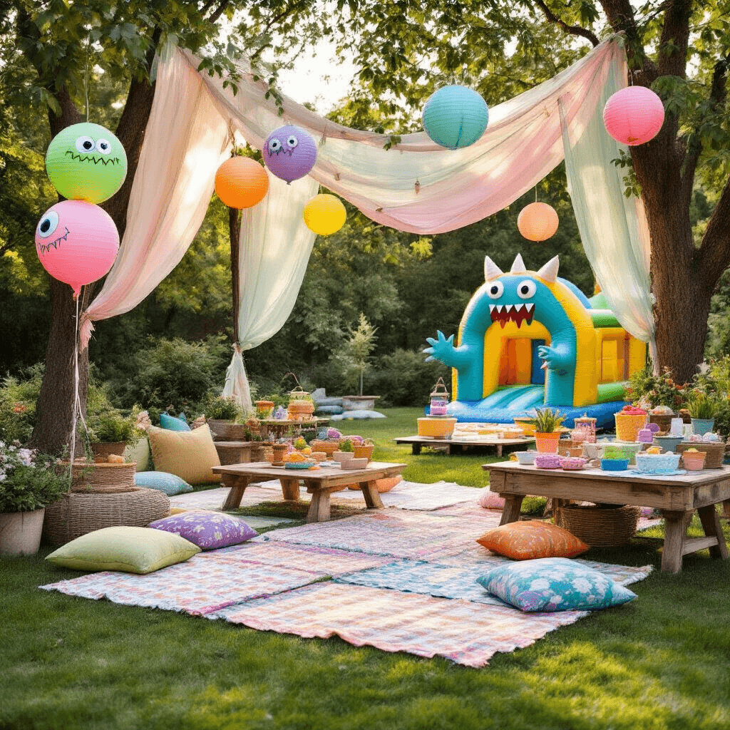Monster Birthday Party: The Ultimate Guide to a Roar-some Celebration! A vibrant outdoor garden party setup for a monster-themed celebration, featuring colorful picnic blankets, oversized pastel balloons with monster faces, a canopy of sheer fabrics adorned with lanterns, a DIY slime-making station, and a bounce house shaped like a friendly monster, all captured during the golden hour.