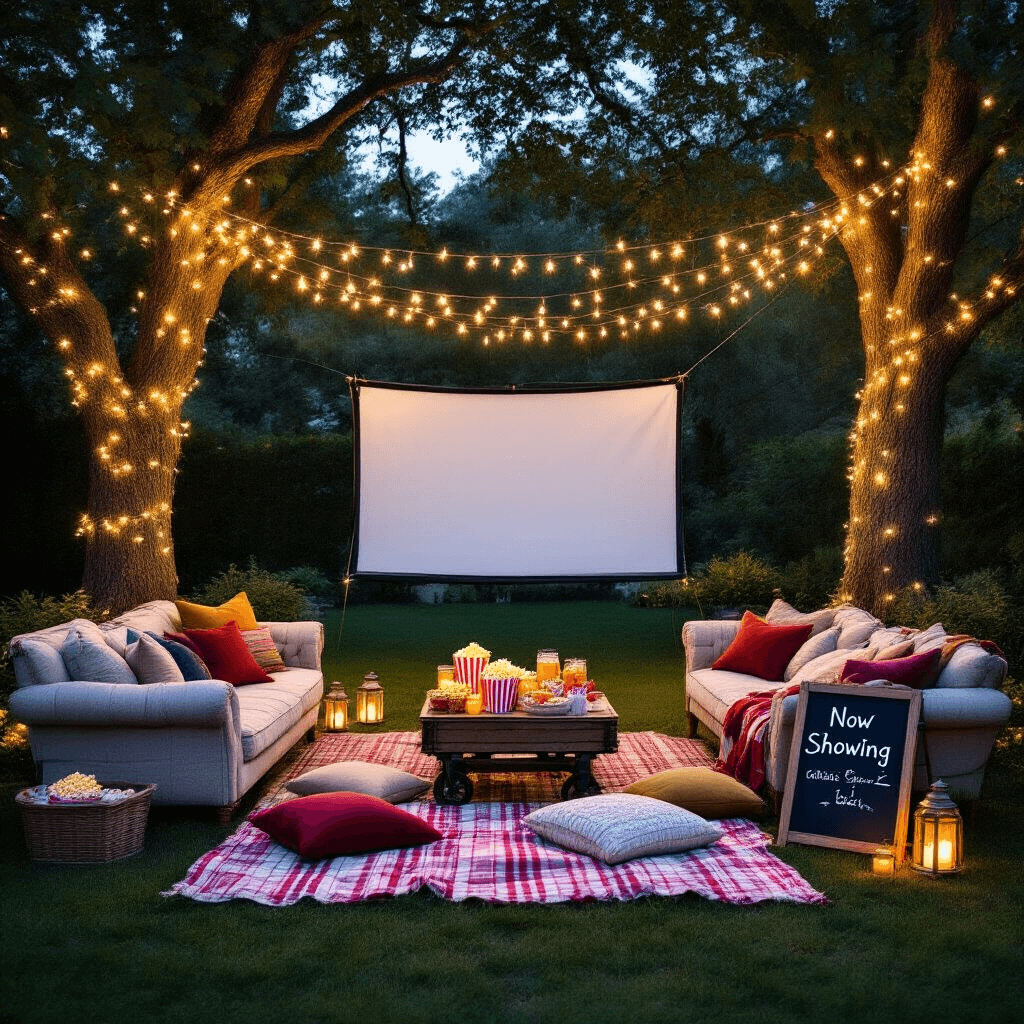 Lights, Camera, Celebration! Your Ultimate Movie Birthday Party Guide An outdoor nighttime cinema in a lush backyard with fairy lights overhead, mismatched vintage sofas, and picnic blankets. A white sheet serves as a movie screen between two oak trees. A rustic wooden cart filled with popcorn, candy, and drinks in mason jars acts as a snack station, while lanterns with flickering candles line the pathways. A chalkboard sign announces the feature film, surrounded by cozy throw pillows and blankets in jewel tones.