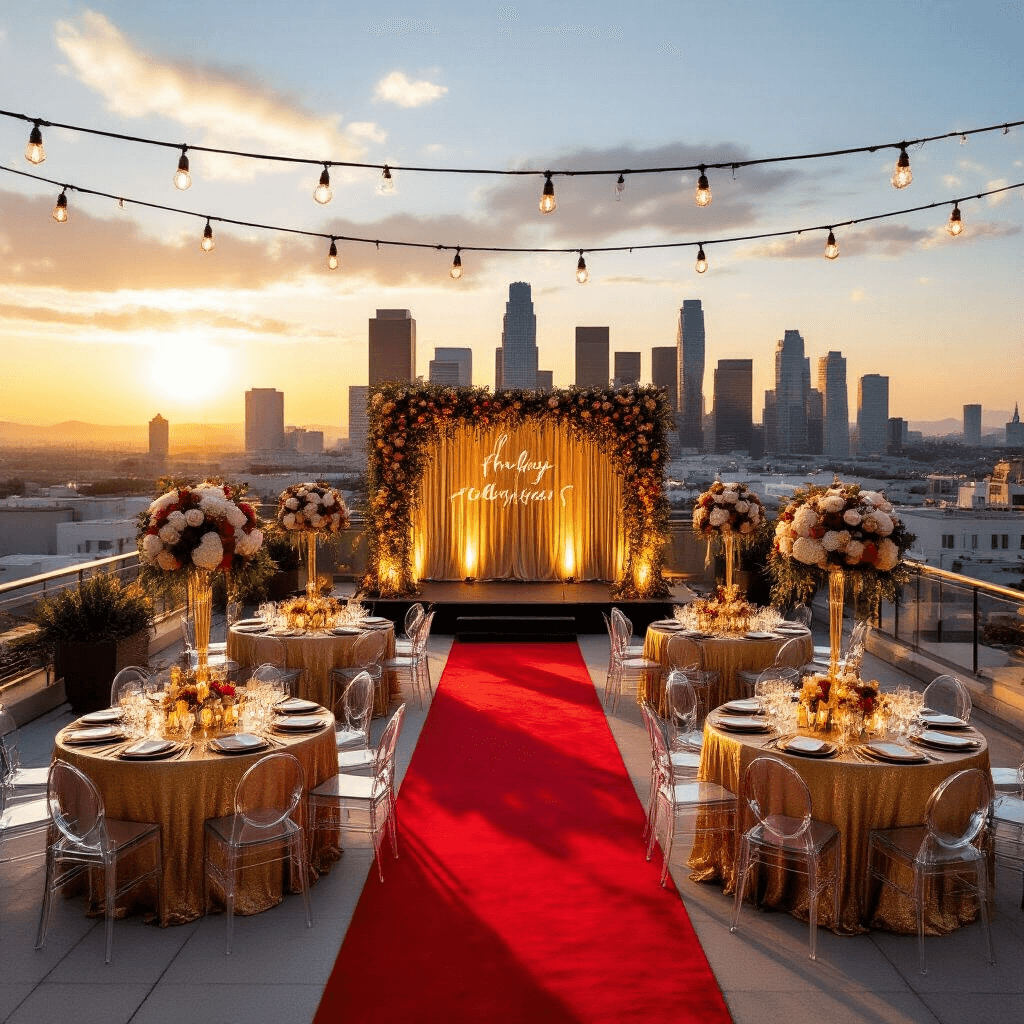 Lights, Camera, Celebration! Your Ultimate Movie Birthday Party Guide Elegant rooftop terrace for a Hollywood glam birthday soirée, featuring round tables with gold linens, tall floral arrangements, ghost chairs, a red carpet with a photo backdrop, champagne towers, a stage for live music, art deco decorations, and a twinkling city skyline at sunset.