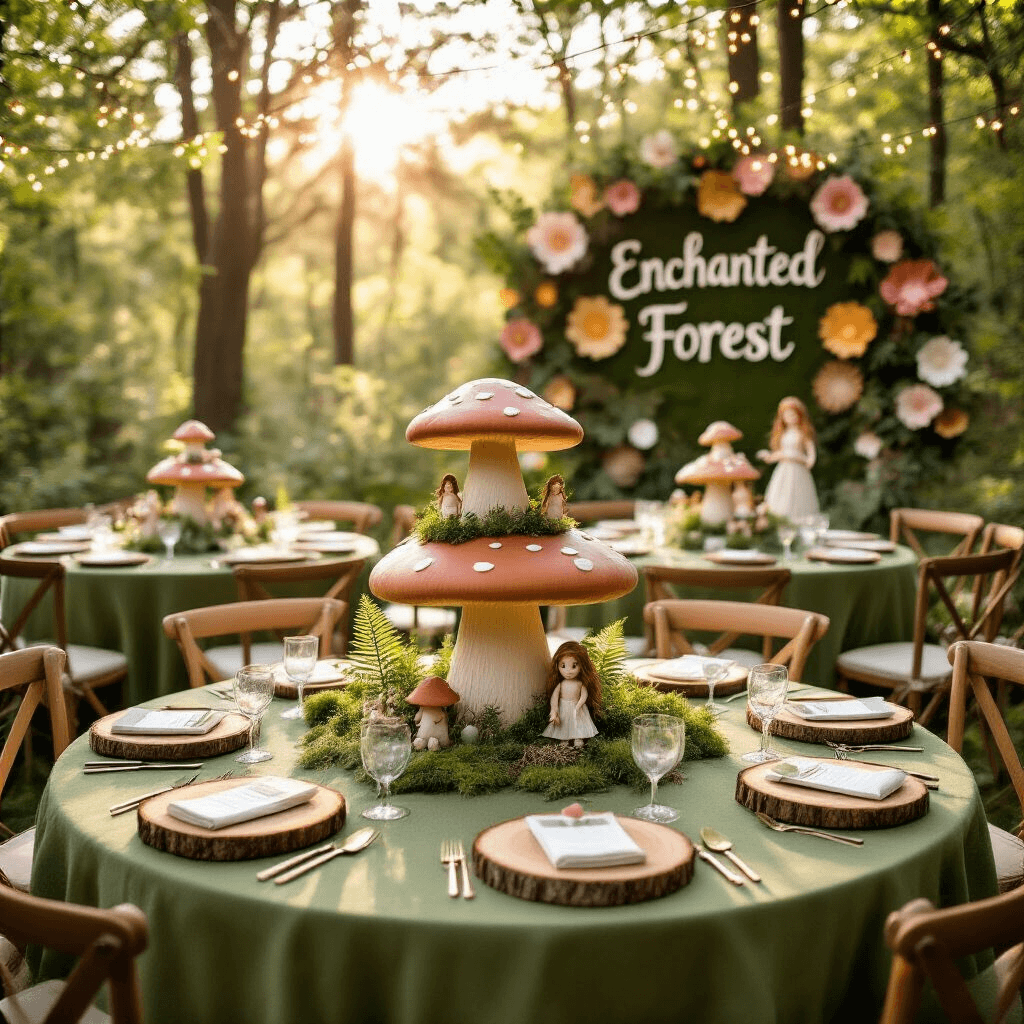 Magical Mushroom Birthday Party: Your Ultimate Guide to Woodland Whimsy A whimsical woodland-inspired birthday party in a sunlit garden, featuring round tables with moss-green linens, toadstool centerpieces, fairy lights overhead, and a towering mushroom-shaped cake surrounded by woodland figurines. The scene captures golden hour light, with rich textures of burlap and velvet, alongside a custom 'Enchanted Forest' backdrop of oversized paper flowers and mushrooms.