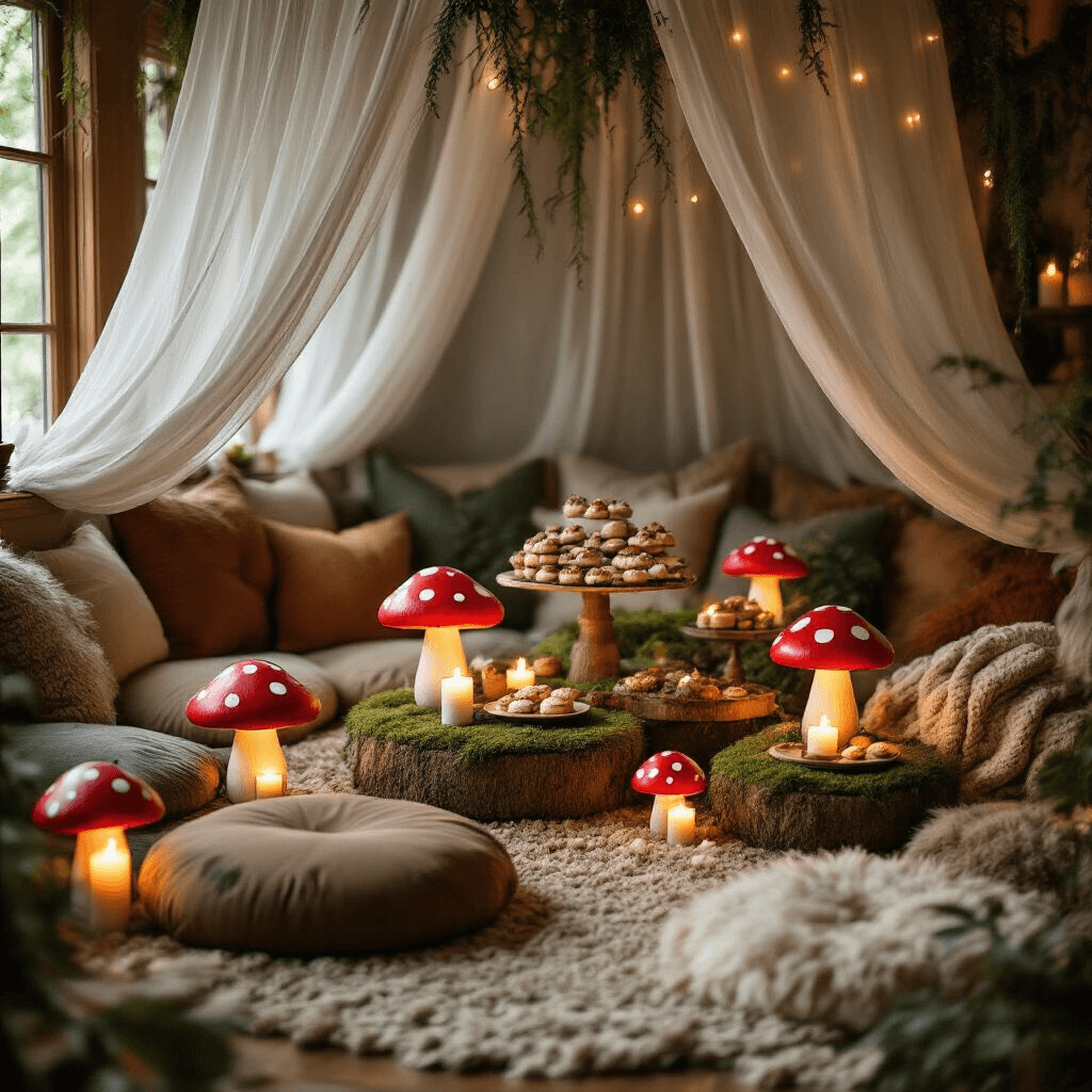 Magical Mushroom Birthday Party: Your Ultimate Guide to Woodland Whimsy An intimate mushroom-themed celebration in a cozy living room, featuring plush floor cushions, low tables with red and white spotted lanterns, candlelit moss-covered jar votives, a dessert cart with woodland-inspired treats, and a sheer canopy overhead, all captured from a low angle highlighting handcrafted toadstool place cards and soft knit blankets.