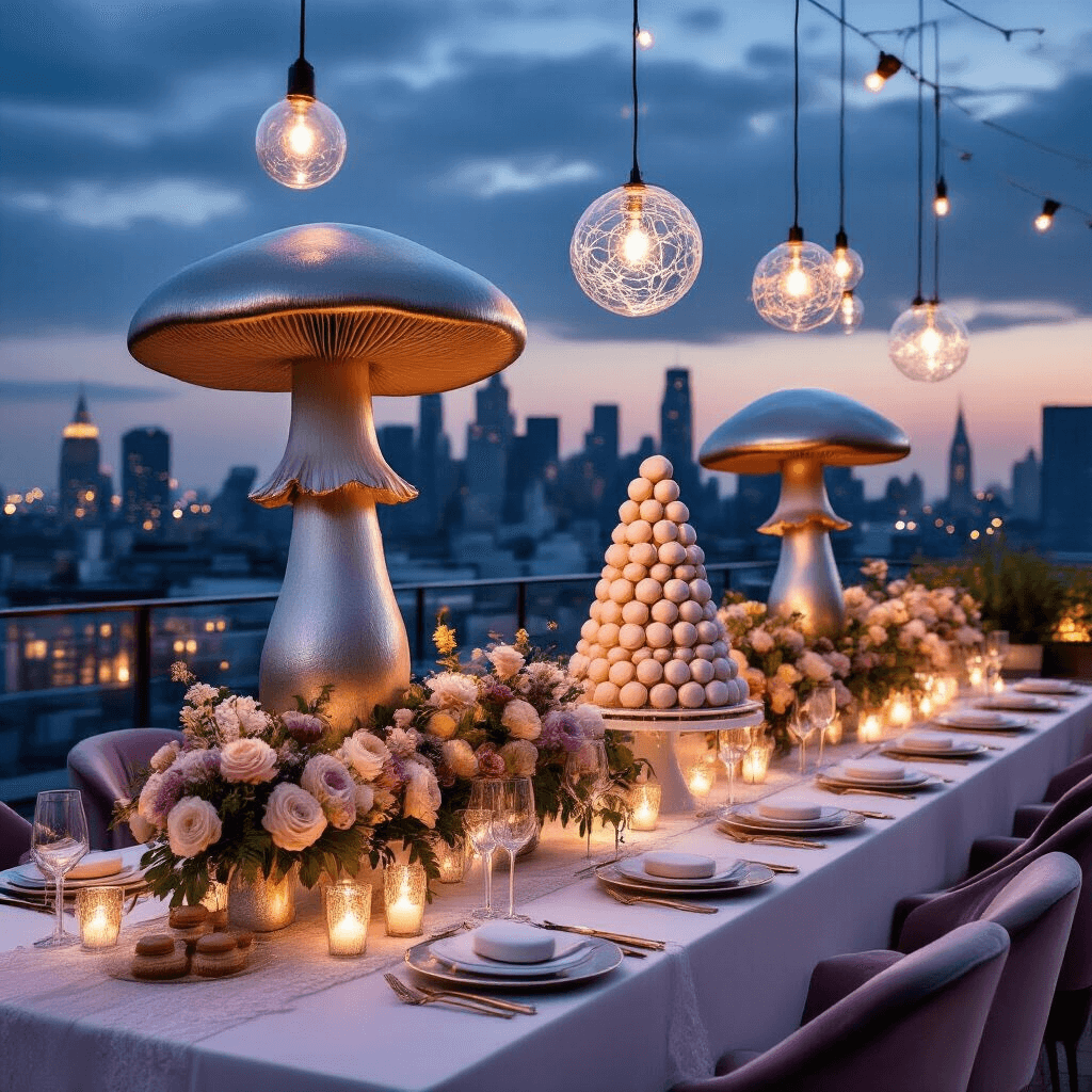 Magical Mushroom Birthday Party: Your Ultimate Guide to Woodland Whimsy A luxurious mushroom-themed soirée on a chic rooftop terrace at twilight, featuring long tables with white linens, oversized metallic mushroom sculptures, pastel florals, twinkling lights, a sleek dessert table with mushroom-shaped macarons, and a croquembouche decorated with spun sugar.