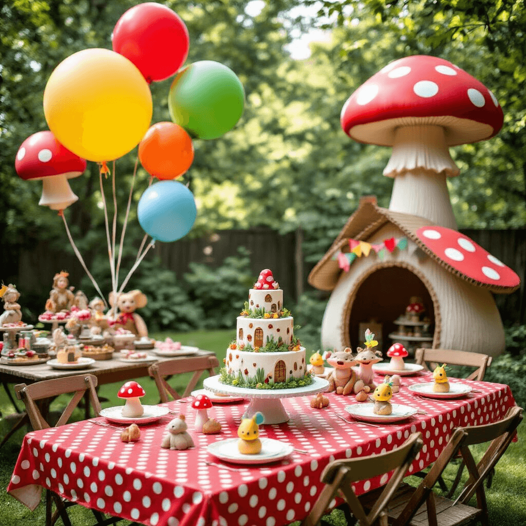 Magical Mushroom Birthday Party: Your Ultimate Guide to Woodland Whimsy A whimsical children's birthday party set in a sunlit backyard, featuring vintage tables with red polka dot linens, oversized balloon mushrooms, a DIY cardboard mushroom playhouse, and a fantastical tiered cake surrounded by woodland creature cookies.