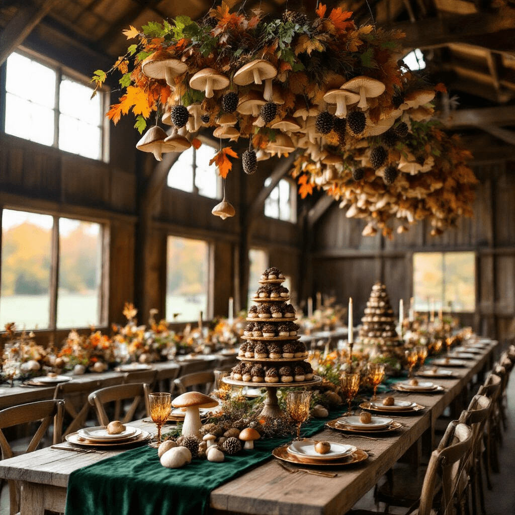 Magical Mushroom Birthday Party: Your Ultimate Guide to Woodland Whimsy An elegant autumn celebration in a rustic barn with mushroom-themed decor, featuring long tables with green velvet runners, foraged mushroom centerpieces, and a canopy of dried mushrooms and leaves, all illuminated by soft golden hour light.