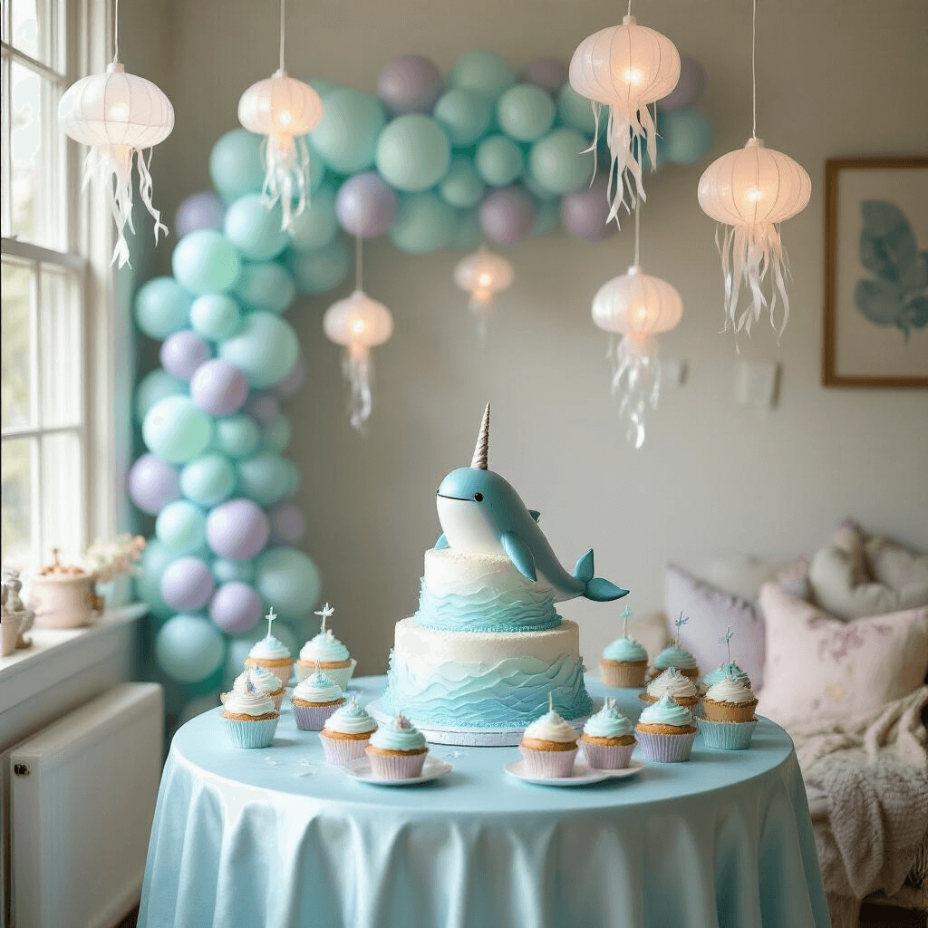 Magical Narwhal Birthday Party: A Whimsical Under-the-Sea Celebration Guide A whimsical narwhal-themed birthday party in a cozy living room with soft morning light, featuring a round table with a tiered narwhal cake, iridescent cupcakes, and a pastel balloon garland, alongside jellyfish lanterns and an underwater mural backdrop.