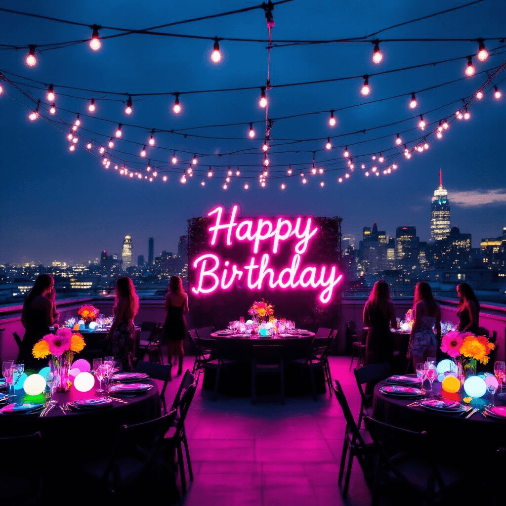 Neon Birthday Party: The Ultimate Guide to Creating an Electrifying Celebration A vibrant birthday celebration on a dimly lit urban rooftop, featuring a neon wonderland with LED lights, glowing orbs, and UV-reactive treats, amidst a lively atmosphere and a city skyline backdrop.