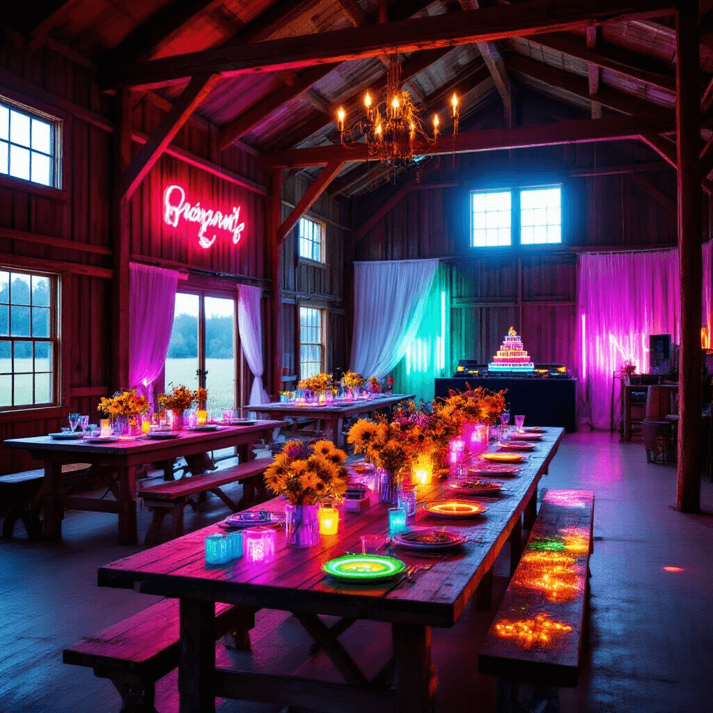 Neon Birthday Party: The Ultimate Guide to Creating an Electrifying Celebration A vibrant barn interior transformed into a neon party space at golden hour, featuring sunlight streaming through windows, neon tableware, wildflower centerpieces in UV-reactive vases, a glow-stick-adorned dessert cart, and a DJ booth with rhythm-reactive lights, all captured in a cinematic wide shot.
