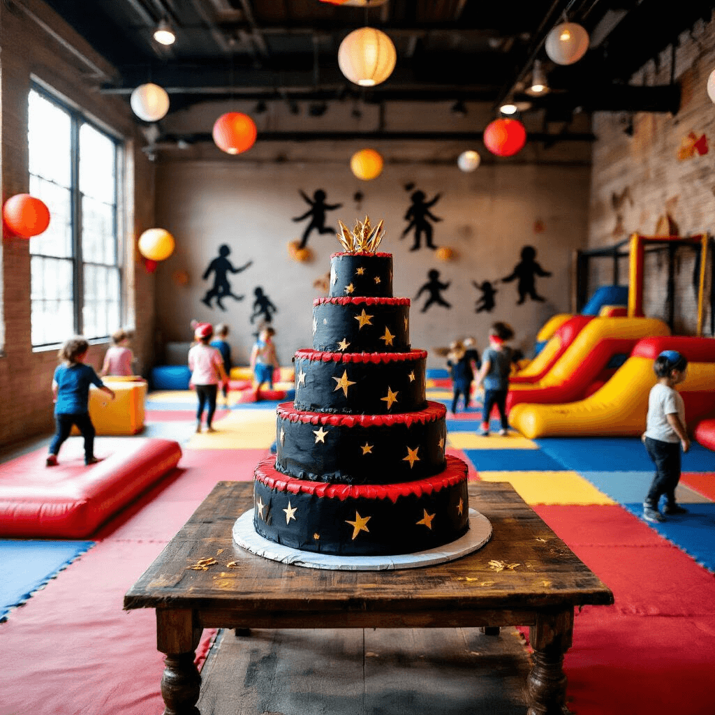 Ultimate Ninja Birthday Party: A Warrior's Guide to Epic Celebration A vibrant indoor play gym converted into a ninja party zone featuring primary-colored mats and inflatable obstacles. A grand black and red three-tiered cake with gold shurikens sits on a wooden table, surrounded by paper lanterns and cardboard ninja silhouettes. Children are captured mid-action on the obstacle course, wearing colorful headbands.