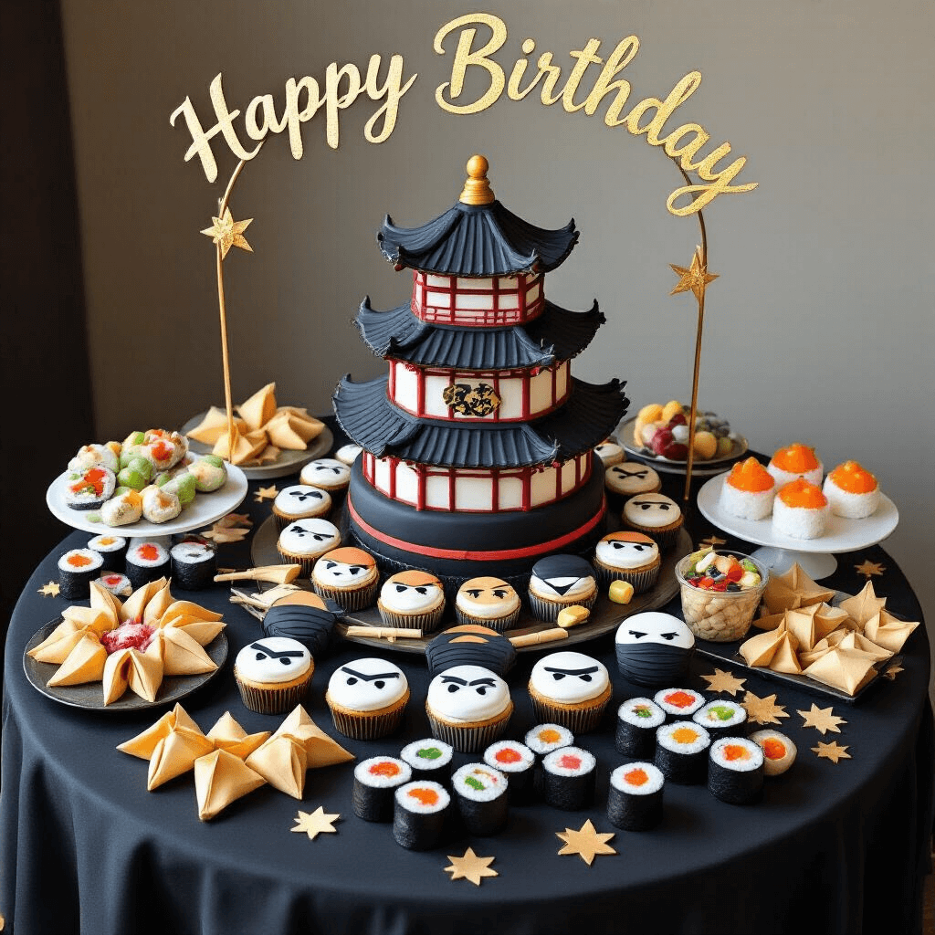 Ultimate Ninja Birthday Party: A Warrior's Guide to Epic Celebration An overhead flatlay of a ninja-themed dessert table featuring a fondant pagoda cake, ninja face cupcakes, fortune cookies, star-shaped cookies, and fruit sushi rolls, surrounded by origami ninja stars and paper lanterns, with a gold calligraphy 'Happy Birthday' sign above.