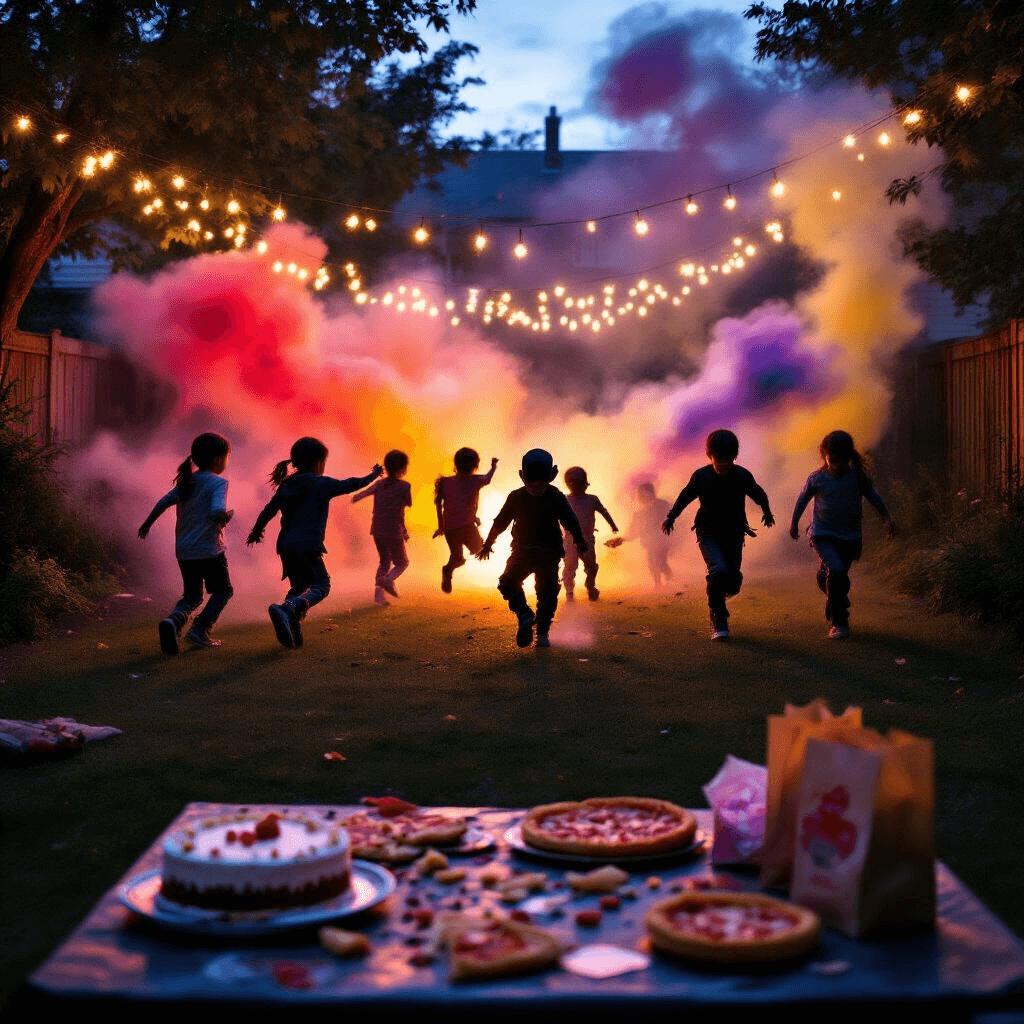 Ultimate Ninja Birthday Party: A Warrior's Guide to Epic Celebration A cinematic dusk scene featuring children silhouetted against twinkling fairy lights, mid-leap during a ninja training exercise, with colorful smoke bombs in shades of red, purple, and yellow drifting in the air. In the foreground, a table displays remnants of a party feast, including half-eaten cake, scattered pizza crusts, and empty favor bags, signaling the end of an epic celebration.