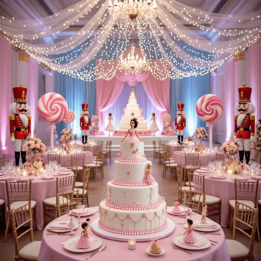 A Magical Nutcracker Birthday Party: Bringing the Land of Sweets to Life A grand ballroom transformed into the Land of Sweets with pastel pinks and blues, featuring oversized candy props, life-sized nutcracker figures, and a central dessert table. Tulle-draped tables with ballerina and fairy centerpieces, twinkling fairy lights overhead, and a stunning 3-tiered cake resembling the Nutcracker's uniform in the foreground.