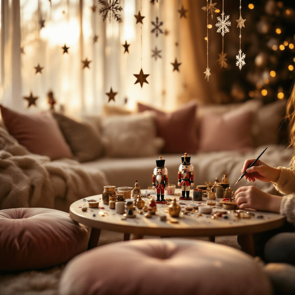 A Magical Nutcracker Birthday Party: Bringing the Land of Sweets to Life A cozy living room illuminated by warm golden light, featuring a craft corner with a low table surrounded by blush velvet cushions. Nutcracker figurines are scattered on the table alongside painting supplies, while metallic star and snowflake garlands hang from the ceiling. A close-up captures small hands delicately painting a nutcracker, with a soft blur of the enchanting scene in the background.