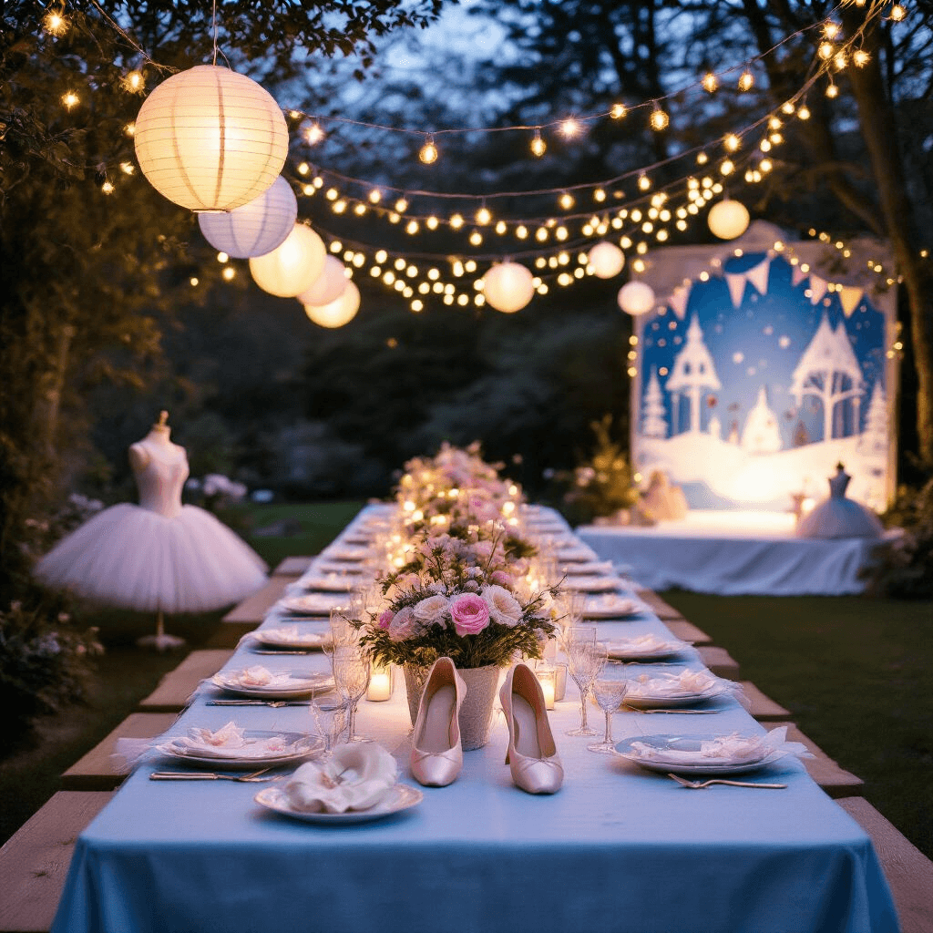 A Magical Nutcracker Birthday Party: Bringing the Land of Sweets to Life A whimsical outdoor garden party at dusk featuring picnic tables with icy blue linens, ballet slipper centerpieces filled with pastel flowers, strings of fairy lights, and a costume corner with tutus and tiaras, all under a twinkling canopy, captured from an overhead perspective.