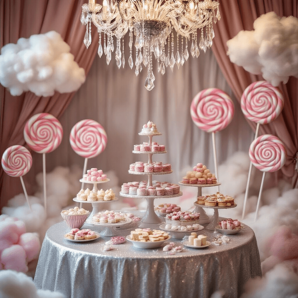 A Magical Nutcracker Birthday Party: Bringing the Land of Sweets to Life A whimsical dessert nook inspired by the Sugar Plum Fairy, featuring a round table draped in silver fabric, adorned with tiered cake stands of sweets, surrounded by life-sized lollipops and cotton candy clouds, with a chandelier of crystal icicles overhead, captured from a low angle to highlight the towering, sparkling dessert display.