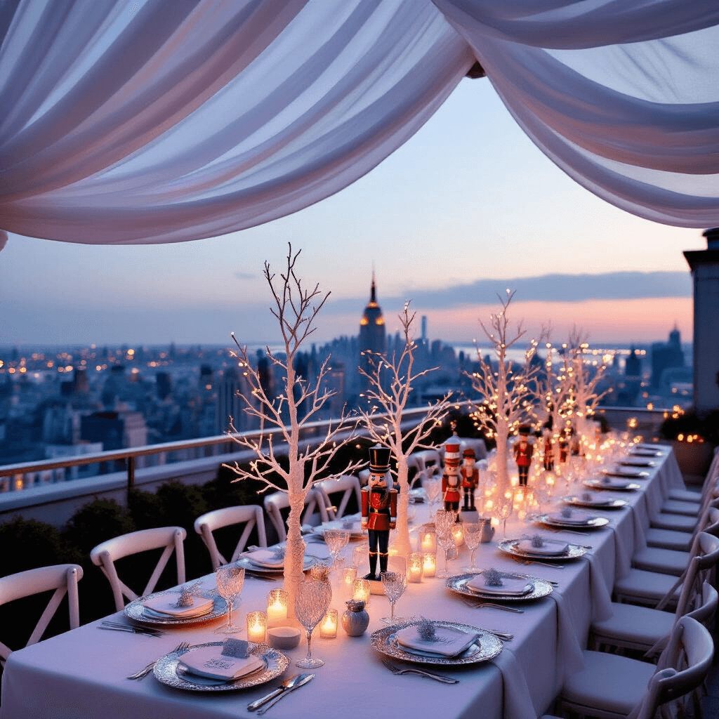 A Magical Nutcracker Birthday Party: Bringing the Land of Sweets to Life An elegant rooftop terrace transformed into a winter wonderland, featuring white drapery, frosted branch centerpieces, personalized nutcracker placecards, and a hot chocolate station, all illuminated by candlelight as twilight falls over the city.