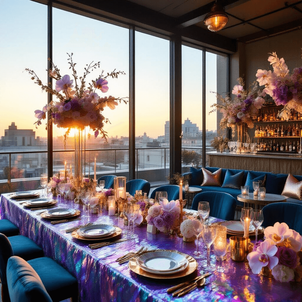 Ocean Birthday Party: A Magical Underwater Celebration Guide Chic rooftop terrace illuminated by golden hour sunlight, featuring iridescent dining tables, ghostwood and orchid centerpieces, low velvet seating, a nautical-inspired bar, and a backdrop of oversized paper flowers.