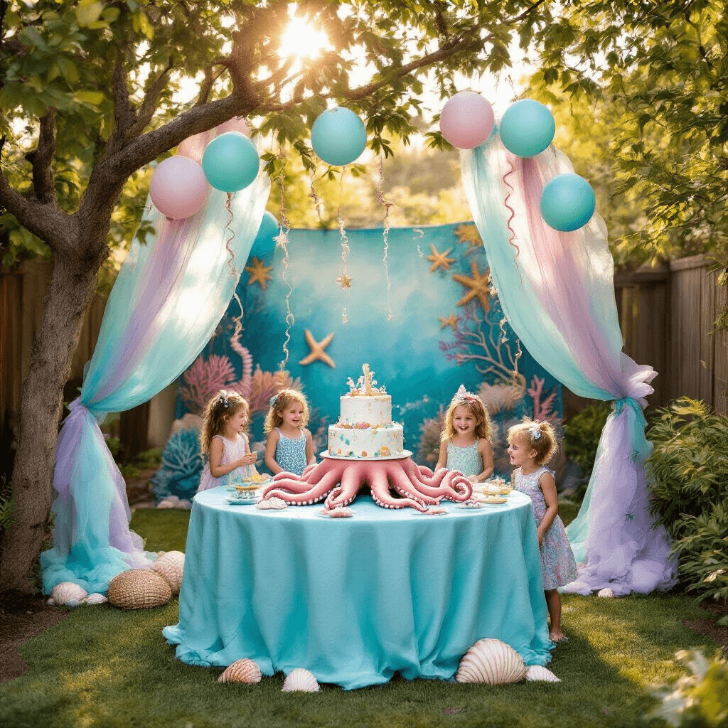Dive into the Ultimate Octopus Birthday Party: A Magical Underwater Celebration A whimsical octopus-themed birthday party in a sun-drenched backyard, featuring an aqua blue table with a large octopus cake, balloon tentacles hanging from trees, and children playing near a DIY photo booth with a coral reef backdrop, all illuminated by warm golden hour sunlight.