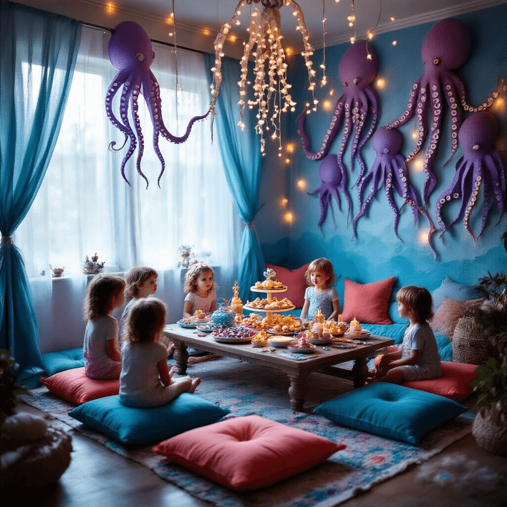 Dive into the Ultimate Octopus Birthday Party: A Magical Underwater Celebration An enchanting indoor scene featuring a cozy living room transformed into an underwater grotto for an intimate octopus party, with walls decorated in paper tentacles of blue and purple, a low table surrounded by coral and aqua cushions, a whimsical spread of sea-themed treats on tiered stands, and children marveling at the atmosphere enhanced by twinkling LED string lights and natural light through gauzy curtains.