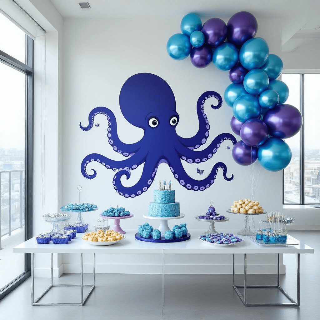 Dive into the Ultimate Octopus Birthday Party: A Magical Underwater Celebration A modern apartment decorated for an octopus-themed party, featuring oversized blue and purple tentacle decals, a geometric octopus cake on a dessert table, metallic blue balloons, and floor-to-ceiling windows letting in natural light.