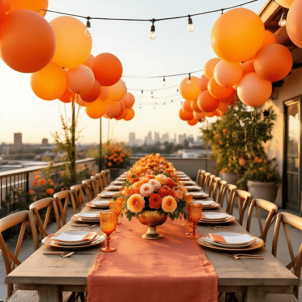 Orange Birthday Party: A Vibrant Celebration of Color and Joy A sunlit rooftop terrace set for an elegant orange-themed birthday party, featuring a long farmhouse table with a terracotta runner, brass compotes filled with orange flowers and kumquats, gold chargers, white plates, and orange water glasses, surrounded by clusters of oversized balloons and string lights.