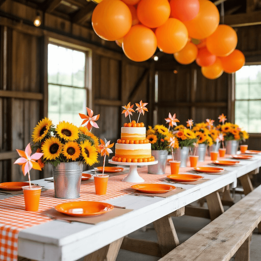 Orange Birthday Party: A Vibrant Celebration of Color and Joy A rustic barn transformed into a vibrant orange-themed birthday party with long tables draped in white linens and orange gingham runners, adorned with galvanized buckets of sunflowers, marigolds, and pinwheels, alongside a dessert station featuring an ombré orange cake and orange candies, all under clusters of tangerine and coral balloons illuminated by Edison bulb strings.